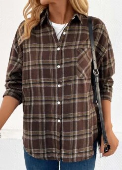 Dark Coffee Button Plaid Shirt Collar Blouse -UrbanLayer Store 344420 P 16988391708182