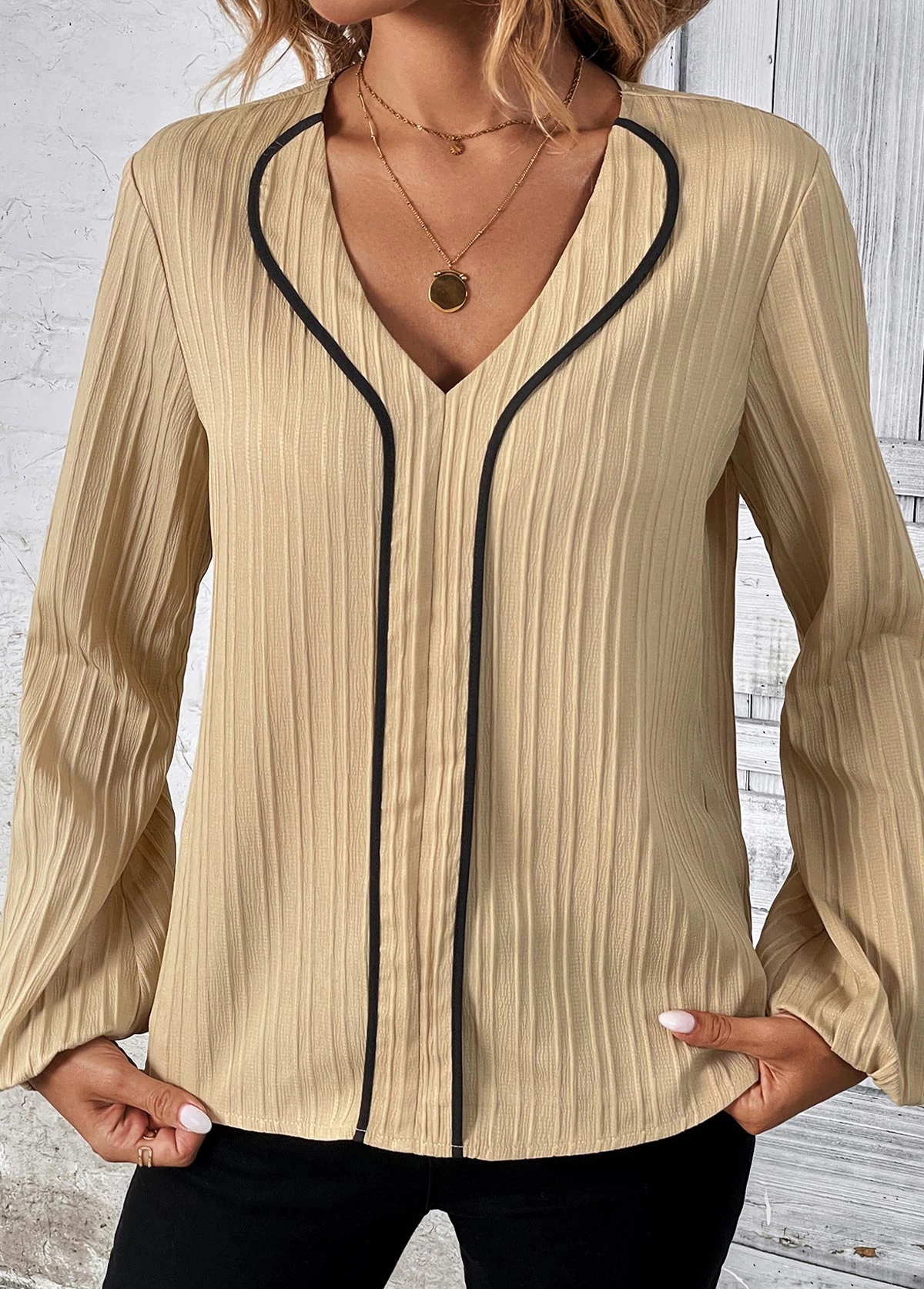 Light Camel Contrast Binding Long Sleeve V Neck Blouse 5 Light Camel Contrast Binding Long Sleeve V Neck Blouse - Image 3