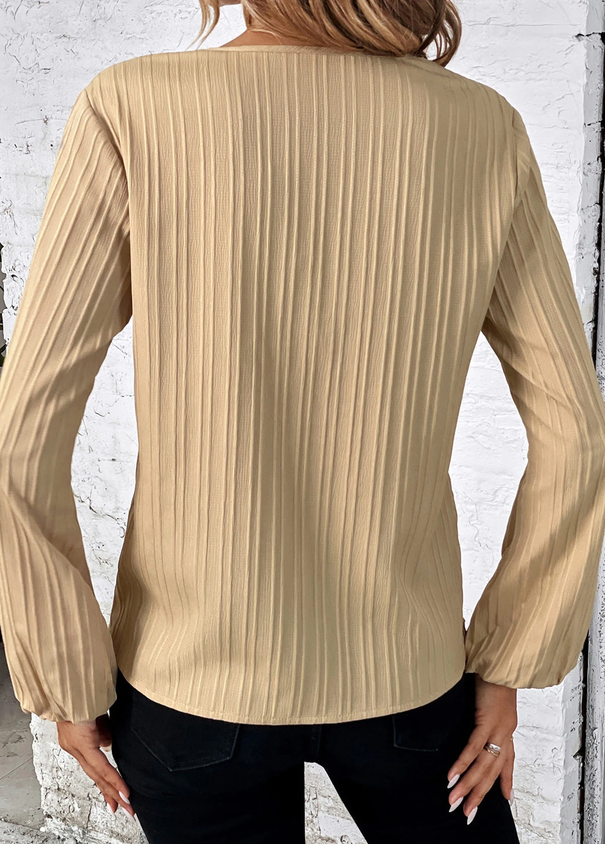 Light Camel Contrast Binding Long Sleeve V Neck Blouse 4 Light Camel Contrast Binding Long Sleeve V Neck Blouse - Image 2