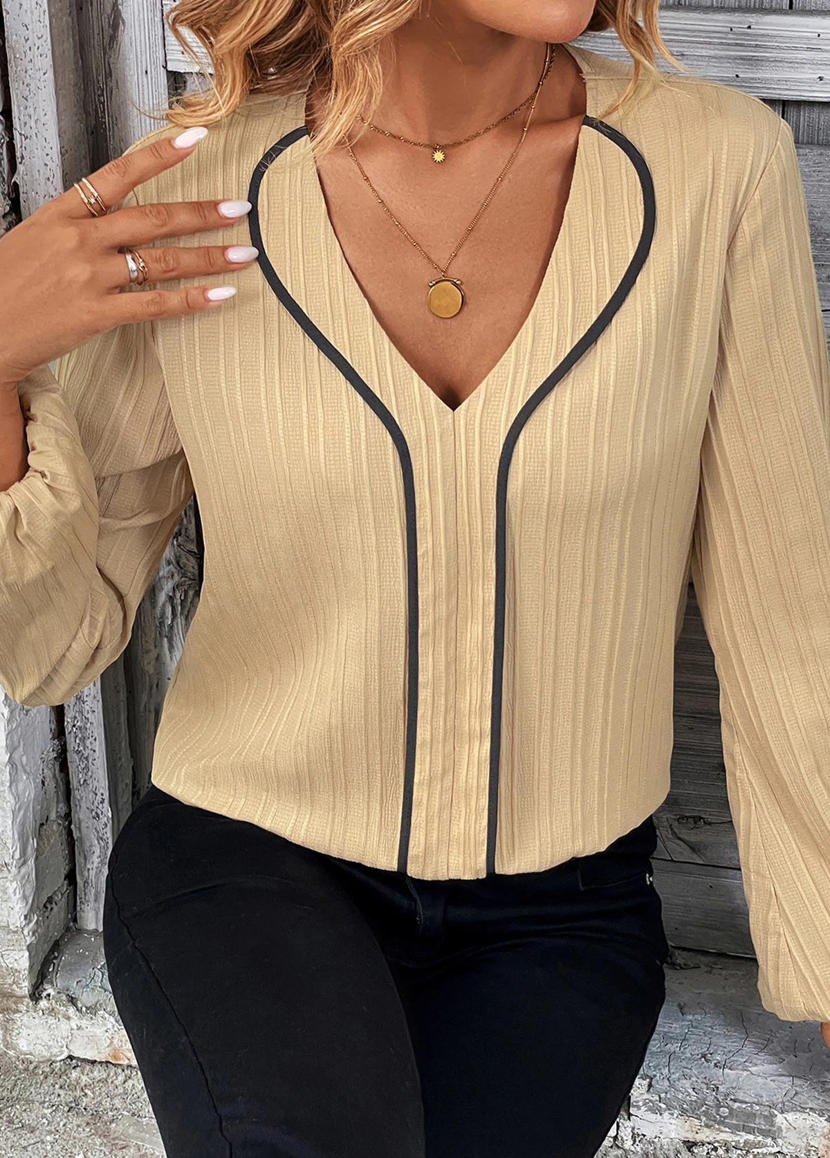 Light Camel Contrast Binding Long Sleeve V Neck Blouse 6 Light Camel Contrast Binding Long Sleeve V Neck Blouse - Image 4