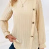 Light Camel Button Long Sleeve Round Neck Blouse -UrbanLayer Store 344546 P 16988347699190