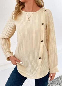 Light Camel Button Long Sleeve Round Neck Blouse