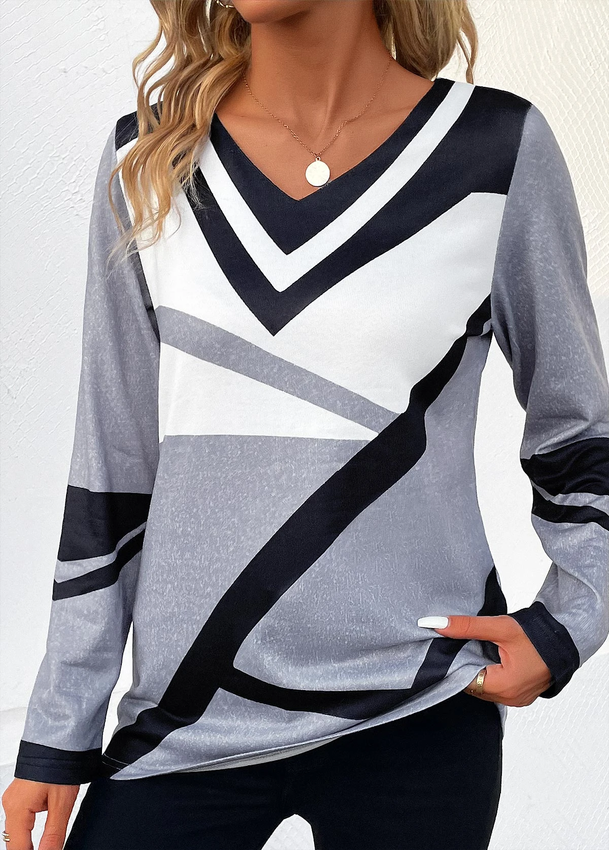 Grey Patchwork Striped Long Sleeve V Neck T Shirt 5 Grey Patchwork Striped Long Sleeve V Neck T Shirt - Image 3