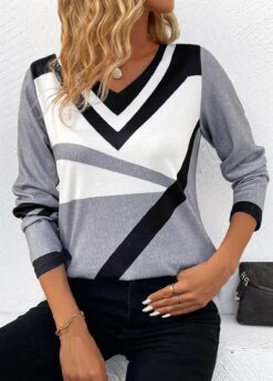 Grey Patchwork Striped Long Sleeve V Neck T Shirt 11 Grey Patchwork Striped Long Sleeve V Neck T Shirt -UrbanLayer Store 344831 P 16987494062734