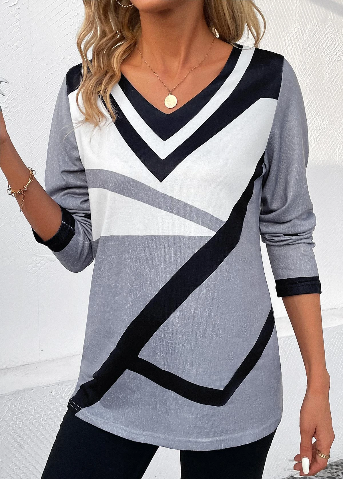 Grey Patchwork Striped Long Sleeve V Neck T Shirt 6 Grey Patchwork Striped Long Sleeve V Neck T Shirt - Image 4
