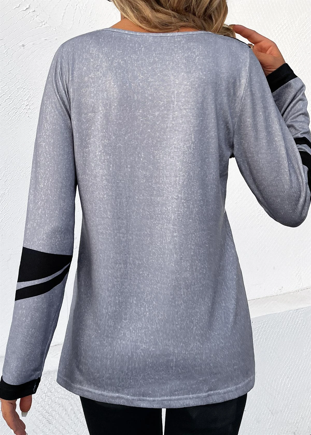 Grey Patchwork Striped Long Sleeve V Neck T Shirt 4 Grey Patchwork Striped Long Sleeve V Neck T Shirt - Image 2