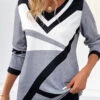 Grey Patchwork Striped Long Sleeve V Neck T Shirt