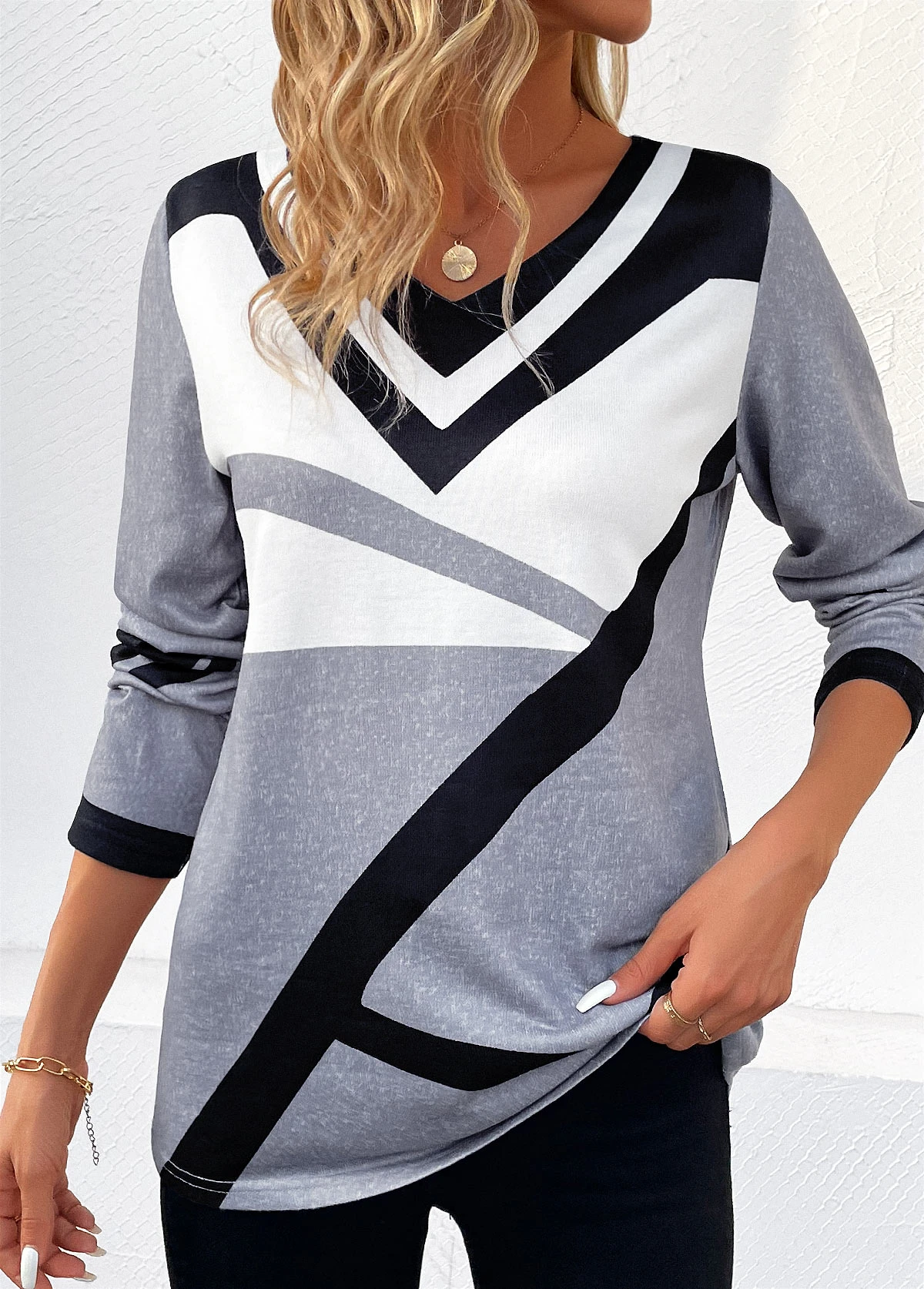 Grey Patchwork Striped Long Sleeve V Neck T Shirt 3 Grey Patchwork Striped Long Sleeve V Neck T Shirt