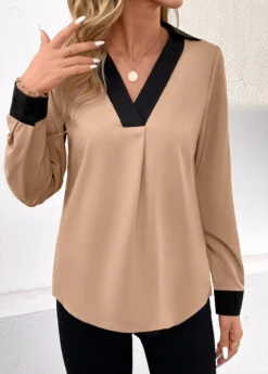 Light Camel Patchwork Long Sleeve V Neck Blouse -UrbanLayer Store 344854 P 16988346931642