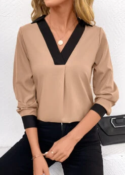Light Camel Patchwork Long Sleeve V Neck Blouse -UrbanLayer Store 344854 P 16988346934625
