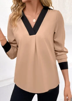 Light Camel Patchwork Long Sleeve V Neck Blouse -UrbanLayer Store 344854 P 16988346936023