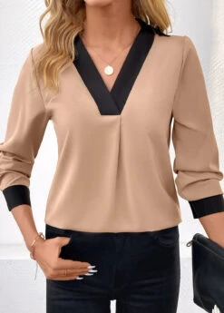 Light Camel Patchwork Long Sleeve V Neck Blouse -UrbanLayer Store 344854 P 16988346939004