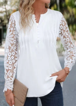 White Button Long Sleeve Round Neck Blouse -UrbanLayer Store 344868 P 16988392280473