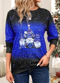 Purplish Blue Santa Claus Print Long Sleeve T Shirt