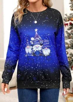 Purplish Blue Santa Claus Print Long Sleeve T Shirt -UrbanLayer Store 345115 P 16990085017013