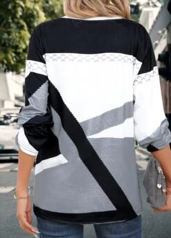 Grey Button Geometric Print Long Sleeve Split Neck Blouse 8 Grey Button Geometric Print Long Sleeve Split Neck Blouse -UrbanLayer Store 345125 P 16988392193821