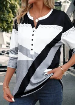 Grey Button Geometric Print Long Sleeve Split Neck Blouse 9 Grey Button Geometric Print Long Sleeve Split Neck Blouse -UrbanLayer Store 345125 P 16988392194252