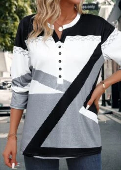 Grey Button Geometric Print Long Sleeve Split Neck Blouse 11 Grey Button Geometric Print Long Sleeve Split Neck Blouse -UrbanLayer Store 345125 P 16988392194464