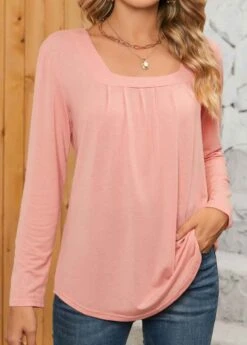 Dusty Pink Ruched Long Sleeve Square Neck T Shirt