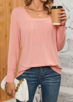 Dusty Pink Ruched Long Sleeve Square Neck T Shirt -UrbanLayer Store 345664 P 1698989541463