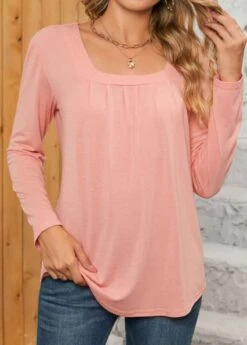 Dusty Pink Ruched Long Sleeve Square Neck T Shirt -UrbanLayer Store 345664 P 1698989542088