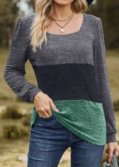 Dark Grey Marl Patchwork Long Sleeve T Shirt